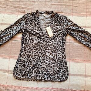 Julie Miles Resort Leopard Print Blouse | NWT | Tie Sleeve Detail